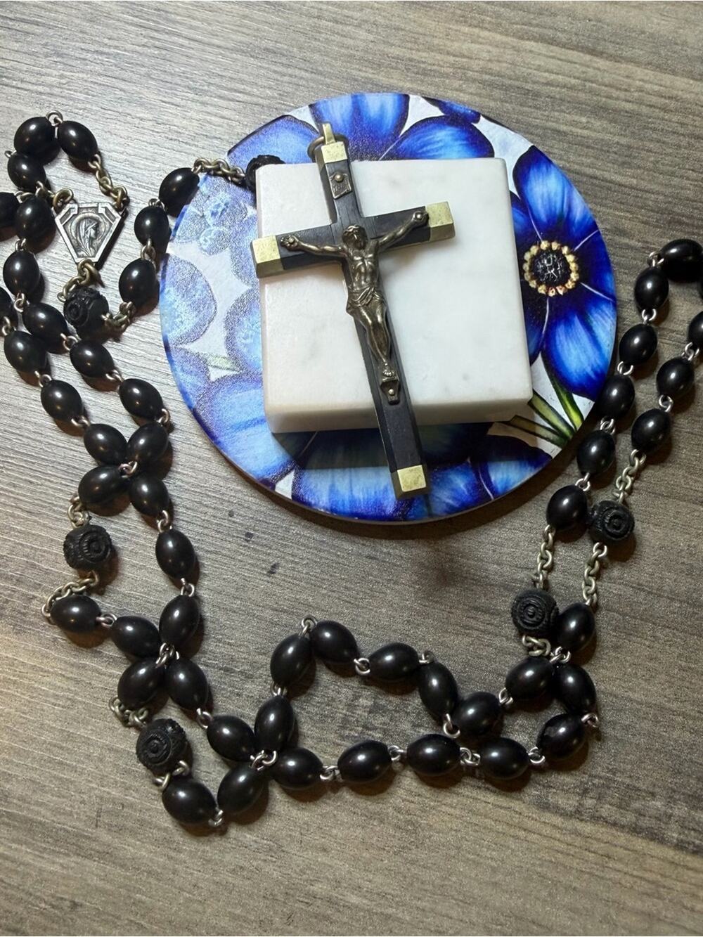 Vintage Ebony France Rosary #F032 Crucifix Cross Catholic 925